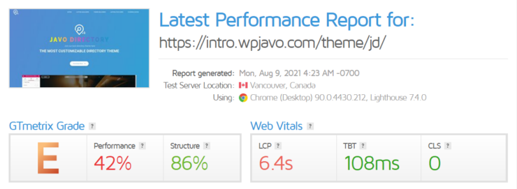 javo-gtmetrix-speed-performance-report